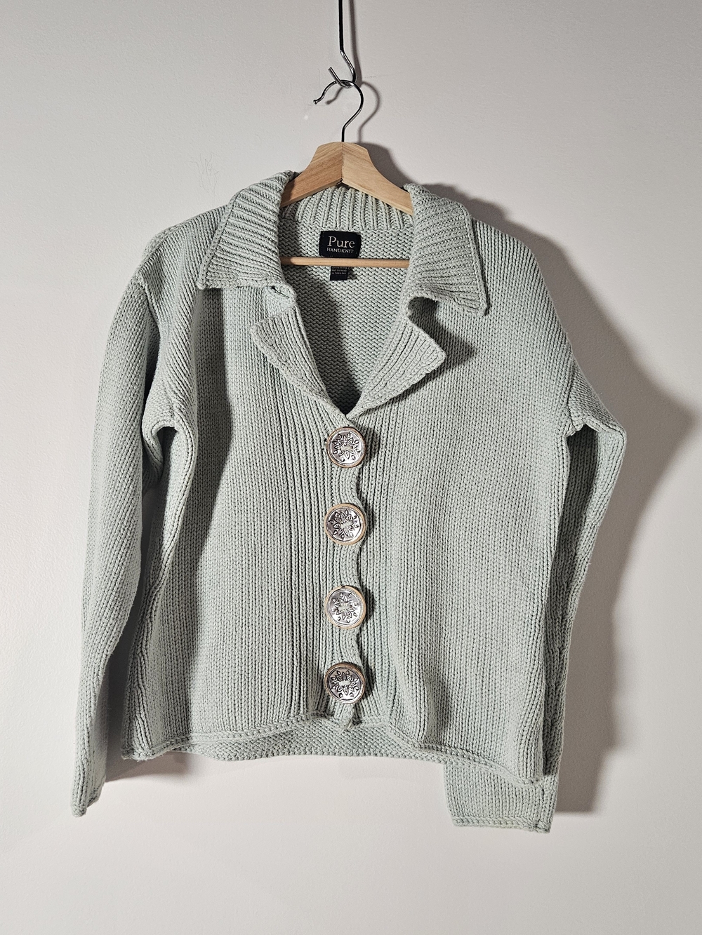 Vintage Pure Handknit Cotton Sage Green Cardigan L/XL